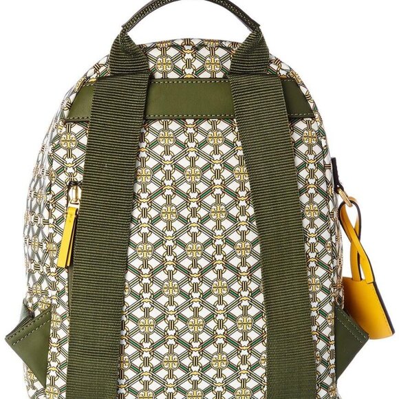 RARE Tory Burch Piper Bag Printed Backpack Green Gemini Link Satin Quilt Lined - Picture 2 of 5
